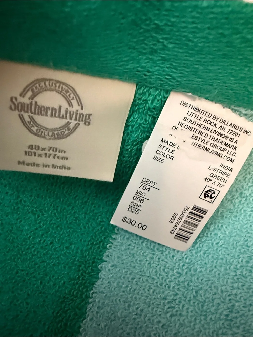 Southern Living Green Blue Striped Reversible Oversize Beach Towel 40x70 Cotton